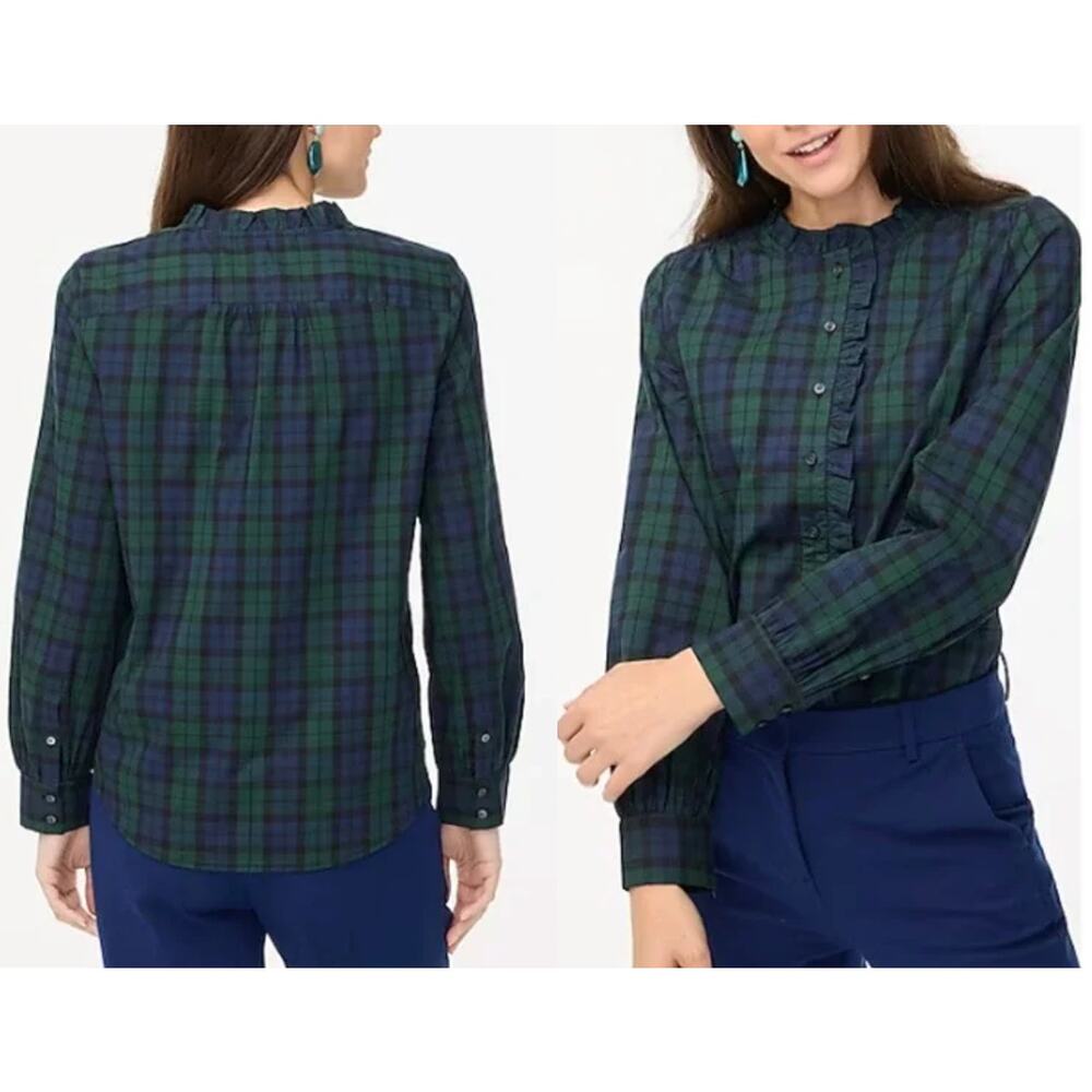 J Crew Factory | Ruffle-placket button-up top | Green & Blue Plaid | Sz Petite M